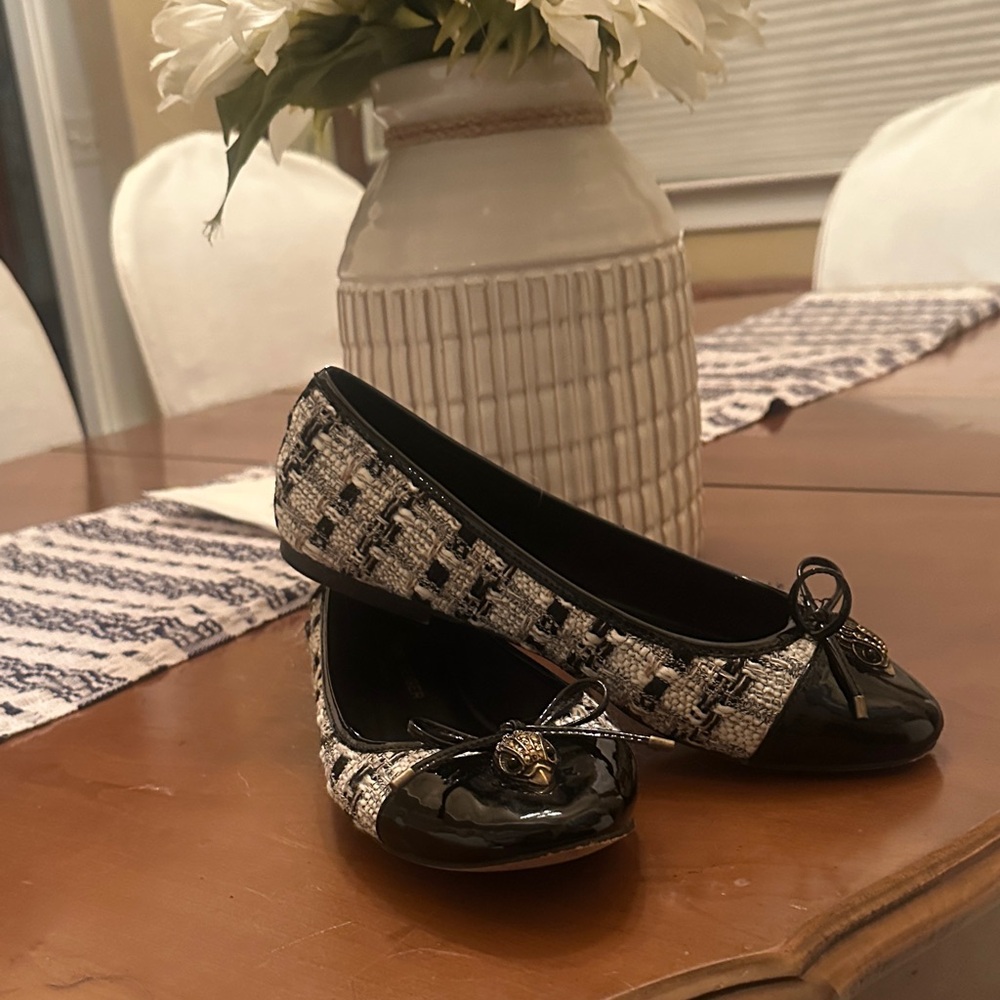 Kurt Geiger Black & White Tweed Patent Ballet Flats